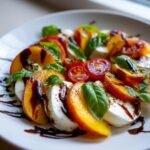 A vibrant Peach Caprese Salad featuring slices of fresh peaches, mozzarella, cherry tomatoes, and basil, drizzled with balsamic glaze.