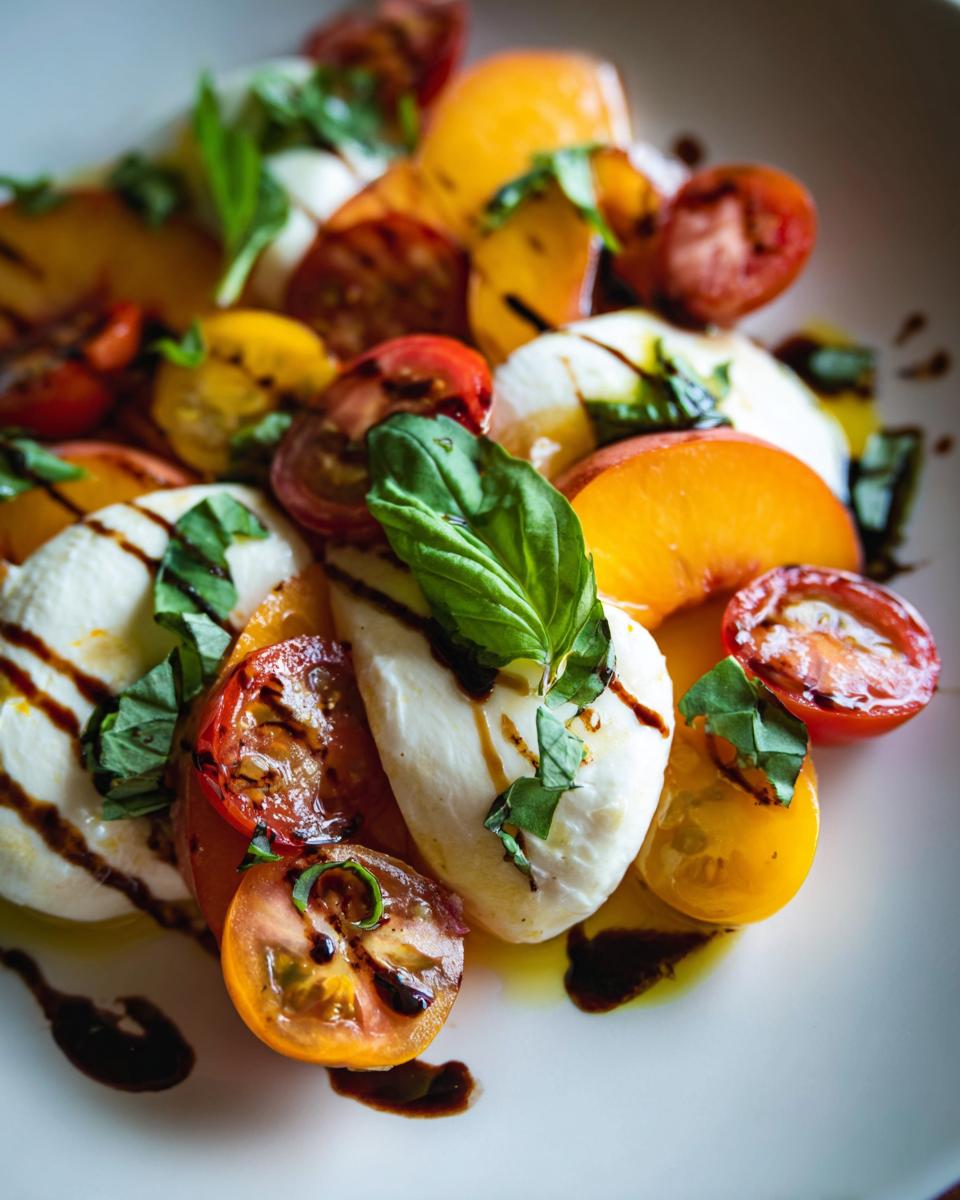 A vibrant peach caprese salad featuring sliced peaches, cherry tomatoes, fresh mozzarella, and basil leaves drizzled with balsamic glaze.