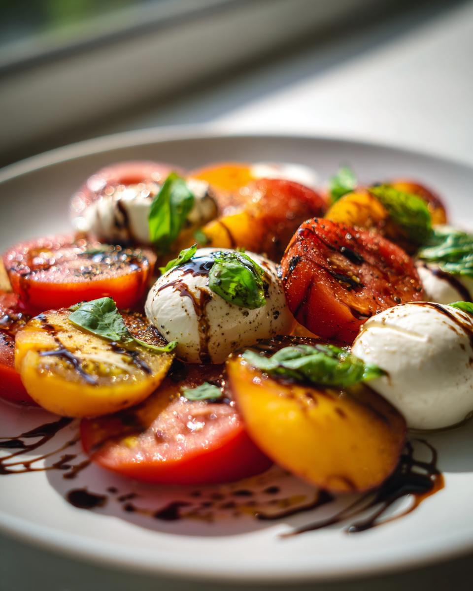 A close-up of a refreshing Peach Caprese Salad featuring grilled tomatoes, fresh mozzarella balls, basil, and a balsamic glaze.