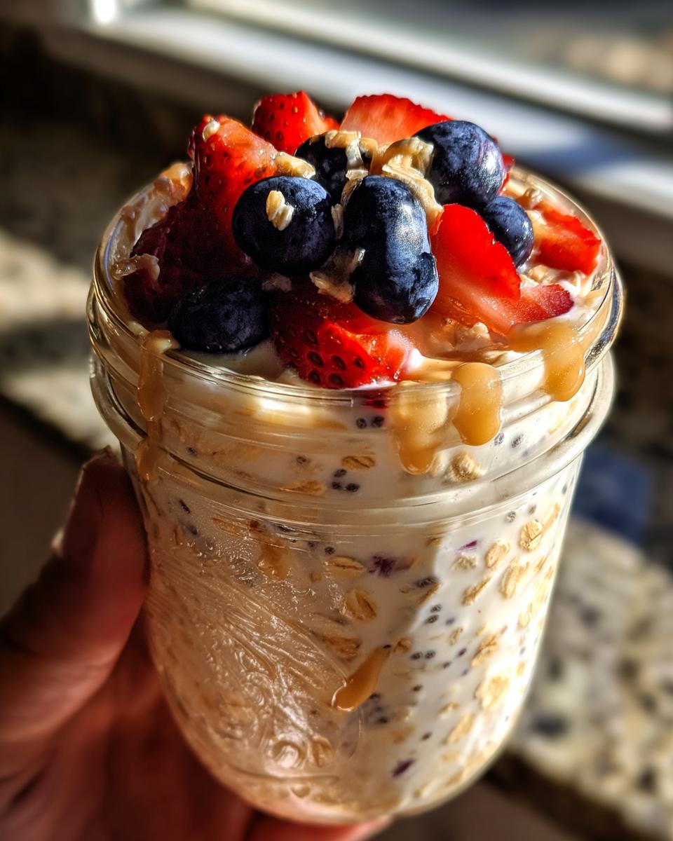 A close-up of protein overnight oats in a jar, topped with fresh strawberries, blueberries, and a drizzle of caramel.