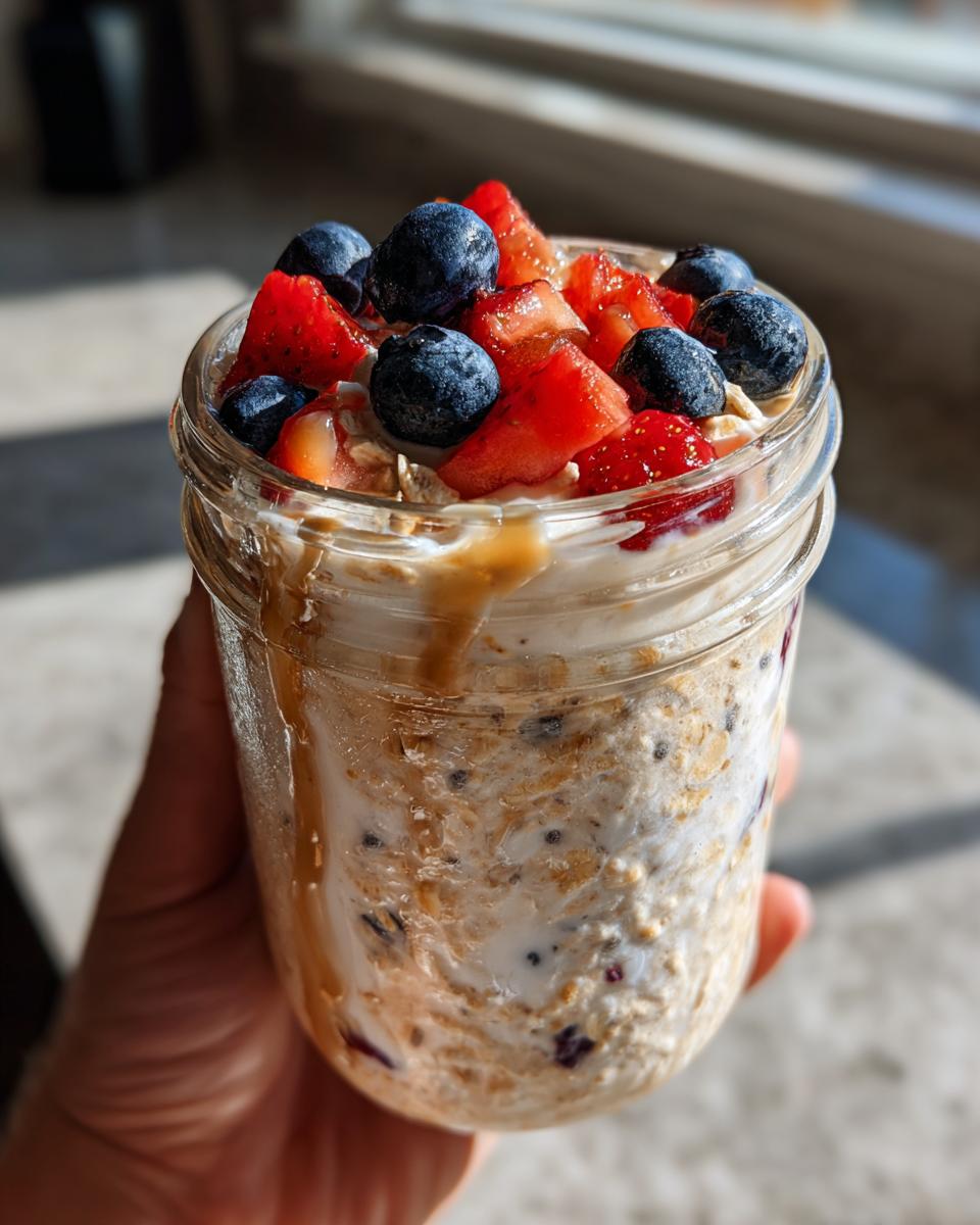 A hand holds a jar of protein overnight oats topped with fresh strawberries, blueberries, and a caramel drizzle.