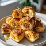 A stack of golden-brown sausage rolls with hot honey and thyme, featuring flaky pastry and a savory sausage filling.