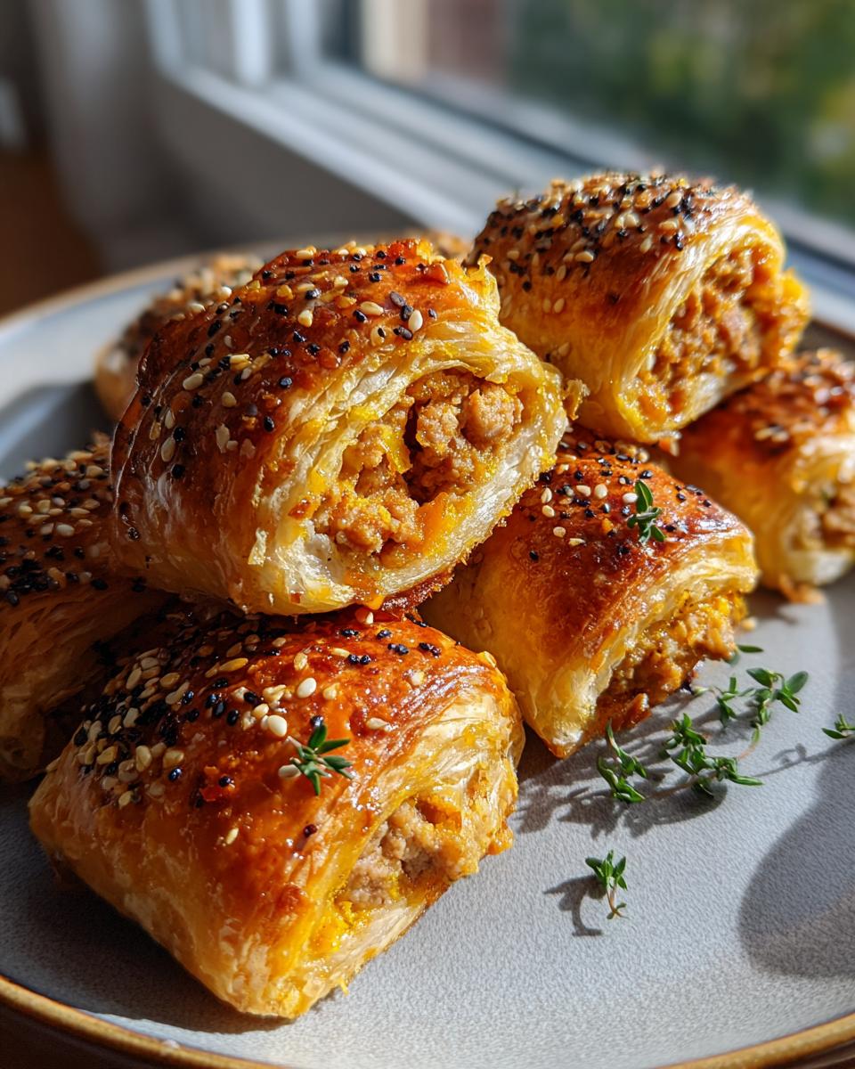 Close-up of golden-brown sausage rolls with hot honey and thyme, topped with sesame seeds.
