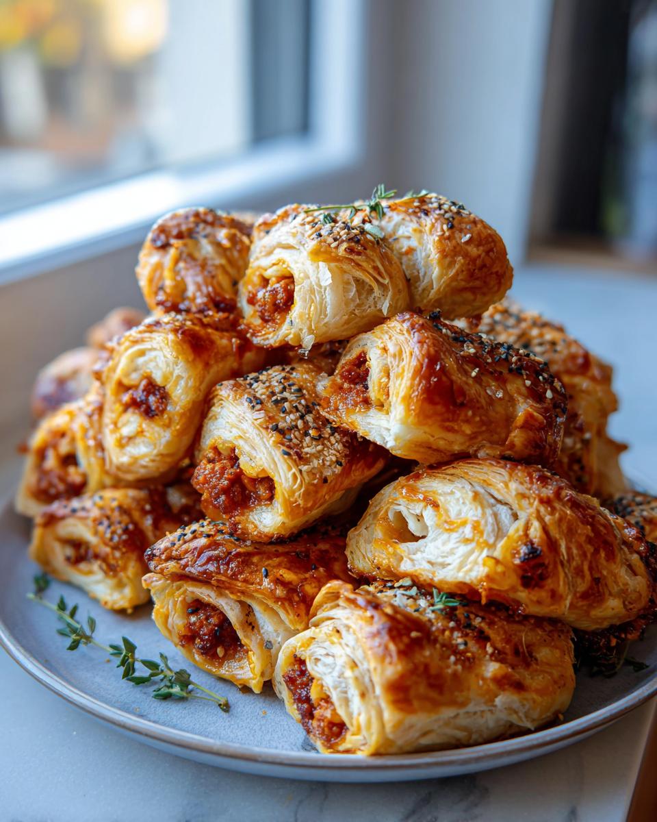 A close-up of a pile of golden-brown sausage rolls with hot honey and thyme, sprinkled with sesame seeds.