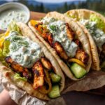 Close-up of two loaded sheet pan chicken pitas filled with grilled chicken, fresh vegetables, and creamy tzatziki sauce.