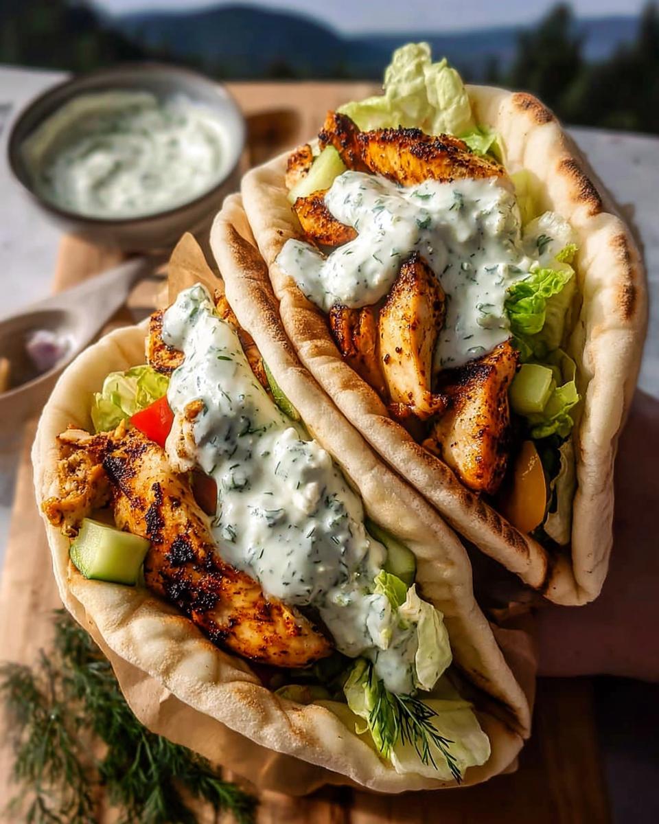 Two flavorful sheet pan chicken pitas stuffed with grilled chicken, lettuce, cucumber, tomato, and drizzled with tzatziki sauce.