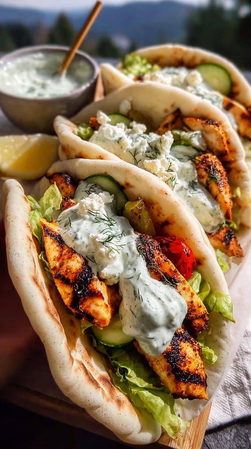 Close-up of a freshly made sheet pan chicken pita, stuffed with grilled chicken, cucumber, lettuce, feta, and tzatziki sauce.