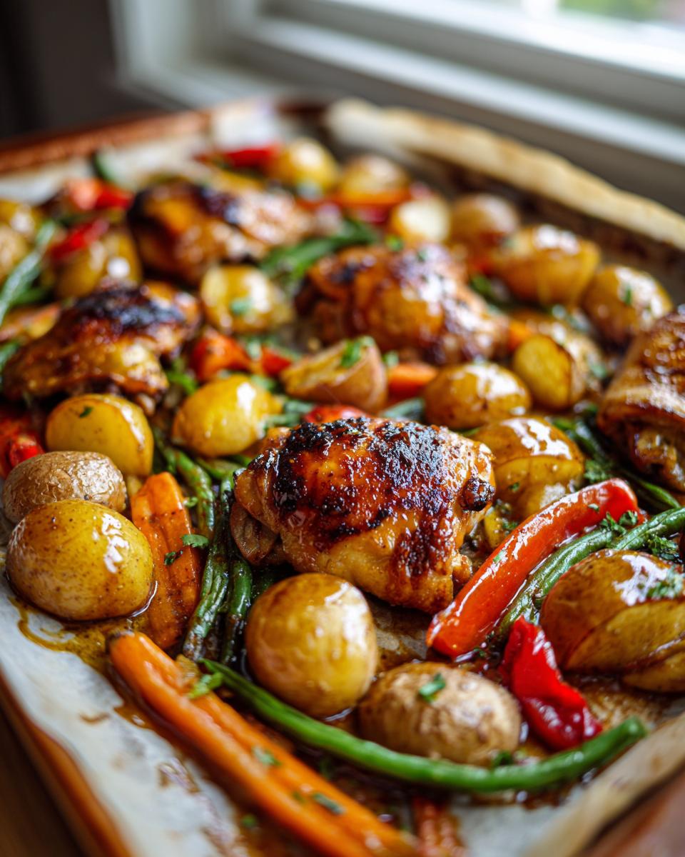 Close-up of sheet pan honey mustard chicken with roasted potatoes, green beans, carrots, and red peppers.