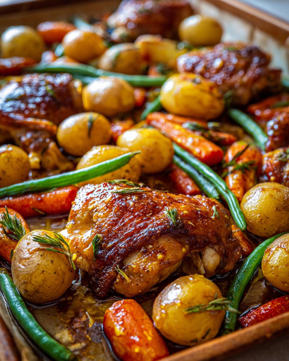 Close-up of sheet pan honey mustard chicken with roasted baby potatoes, carrots, and green beans.