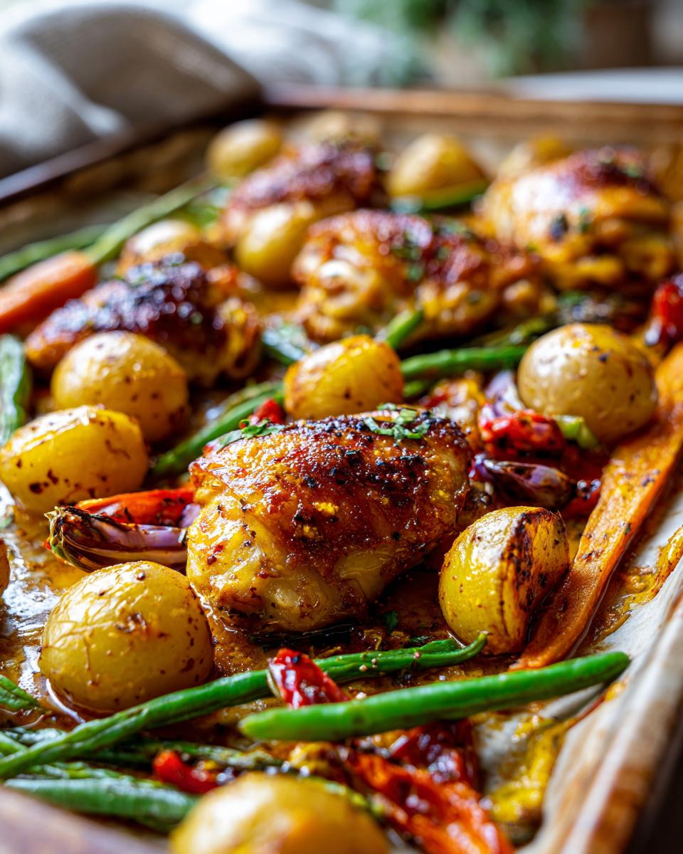 Close-up of sheet pan honey mustard chicken thighs with roasted potatoes, carrots, and green beans.