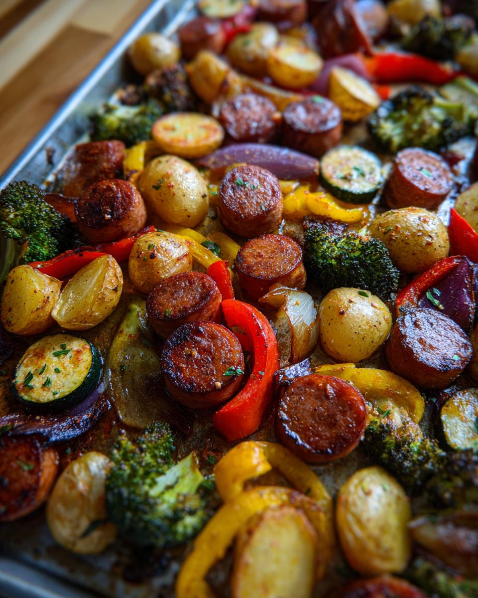 A close-up view of a sheet pan filled with roasted sausage and colorful vegetables, including potatoes, broccoli, bell peppers, and zucchini.