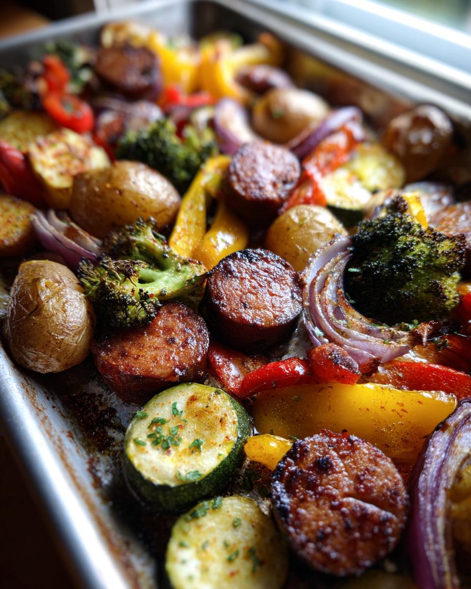 Close-up of a sheet pan filled with roasted sausage, potatoes, broccoli, bell peppers, zucchini, and red onion.