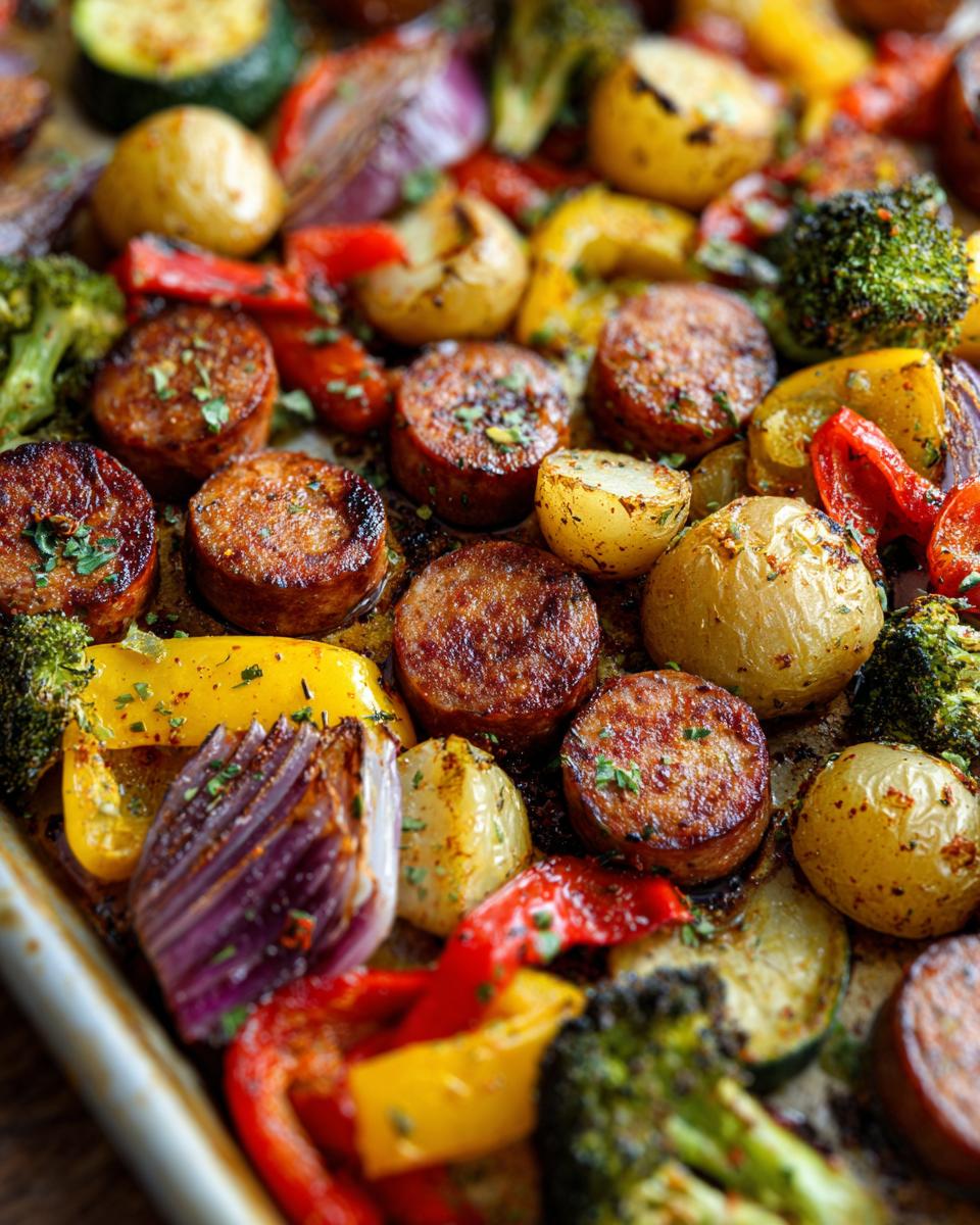 A close-up view of a sheet pan filled with roasted sausage slices, potatoes, broccoli, bell peppers, and red onion.
