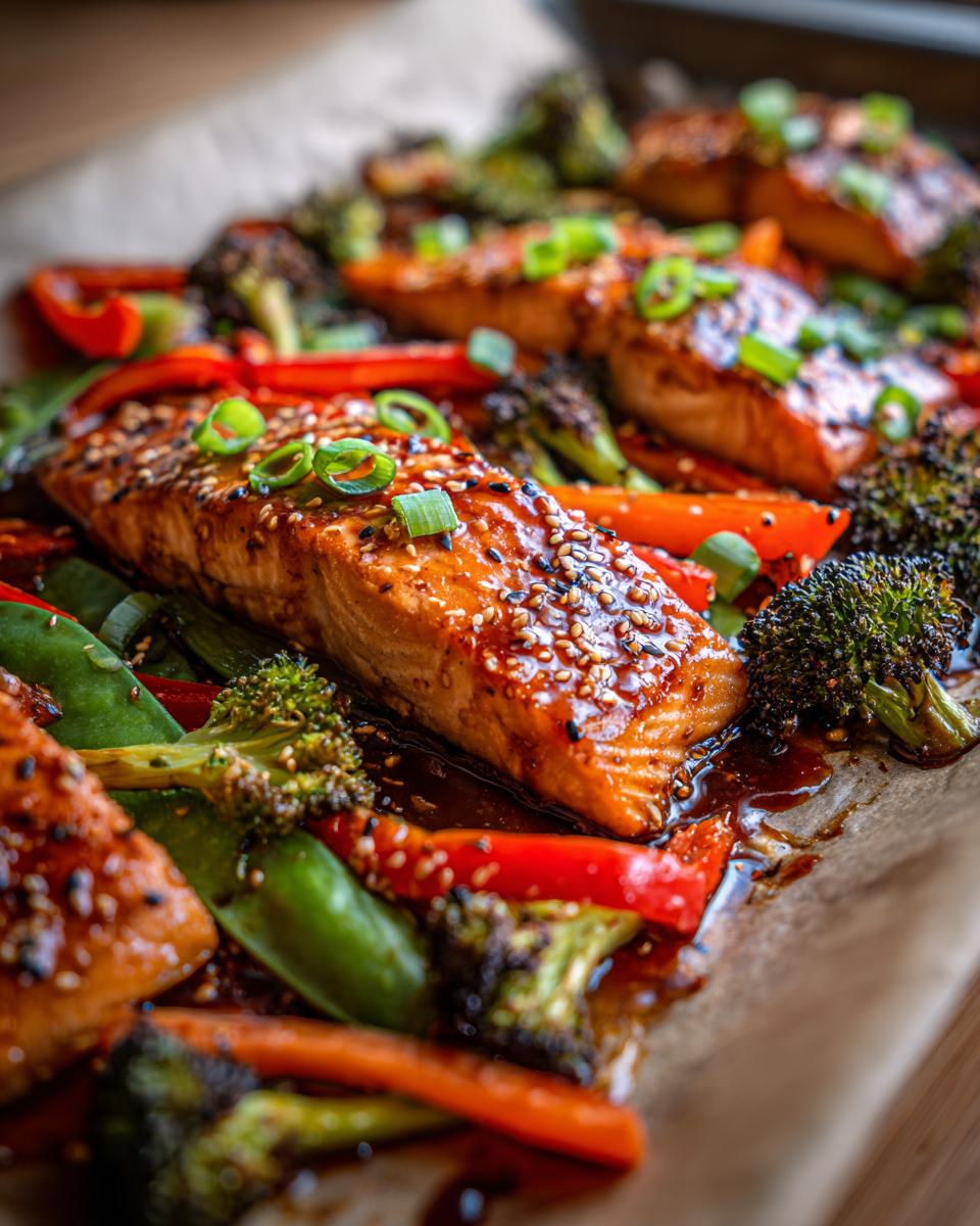 Close-up of delicious sheet pan teriyaki salmon fillets with broccoli, bell peppers, and snap peas, garnished with sesame seeds and green onions.