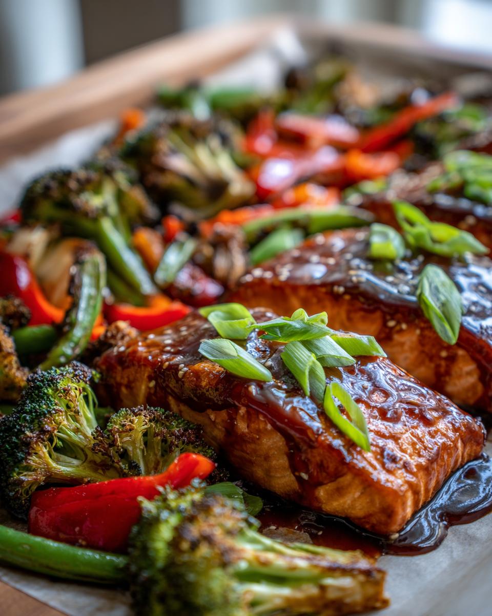 Close-up of delicious sheet pan teriyaki salmon fillets glazed with sauce and topped with green onions, surrounded by roasted broccoli, red peppers, and green beans.