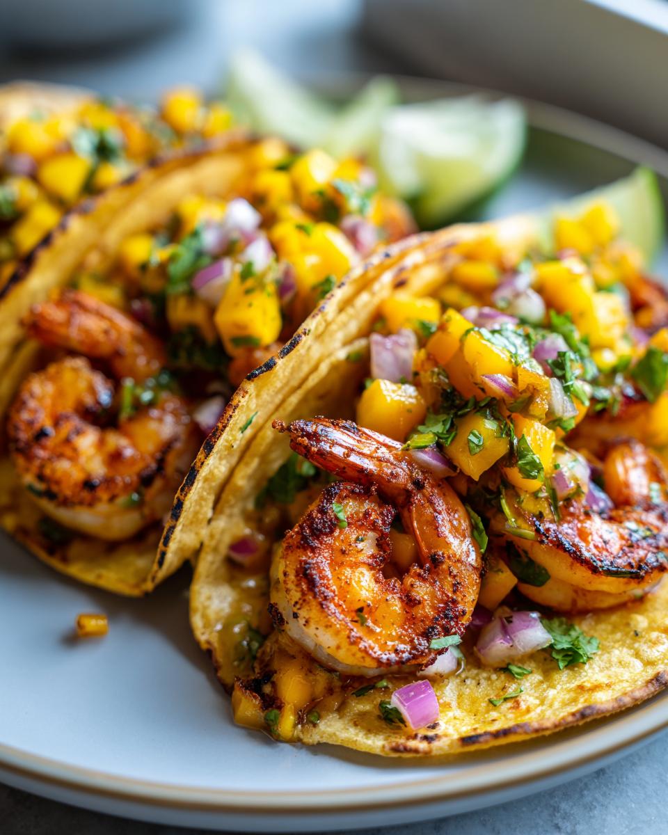 Close-up of two shrimp tacos filled with grilled shrimp and vibrant mango salsa, garnished with red onion and cilantro.