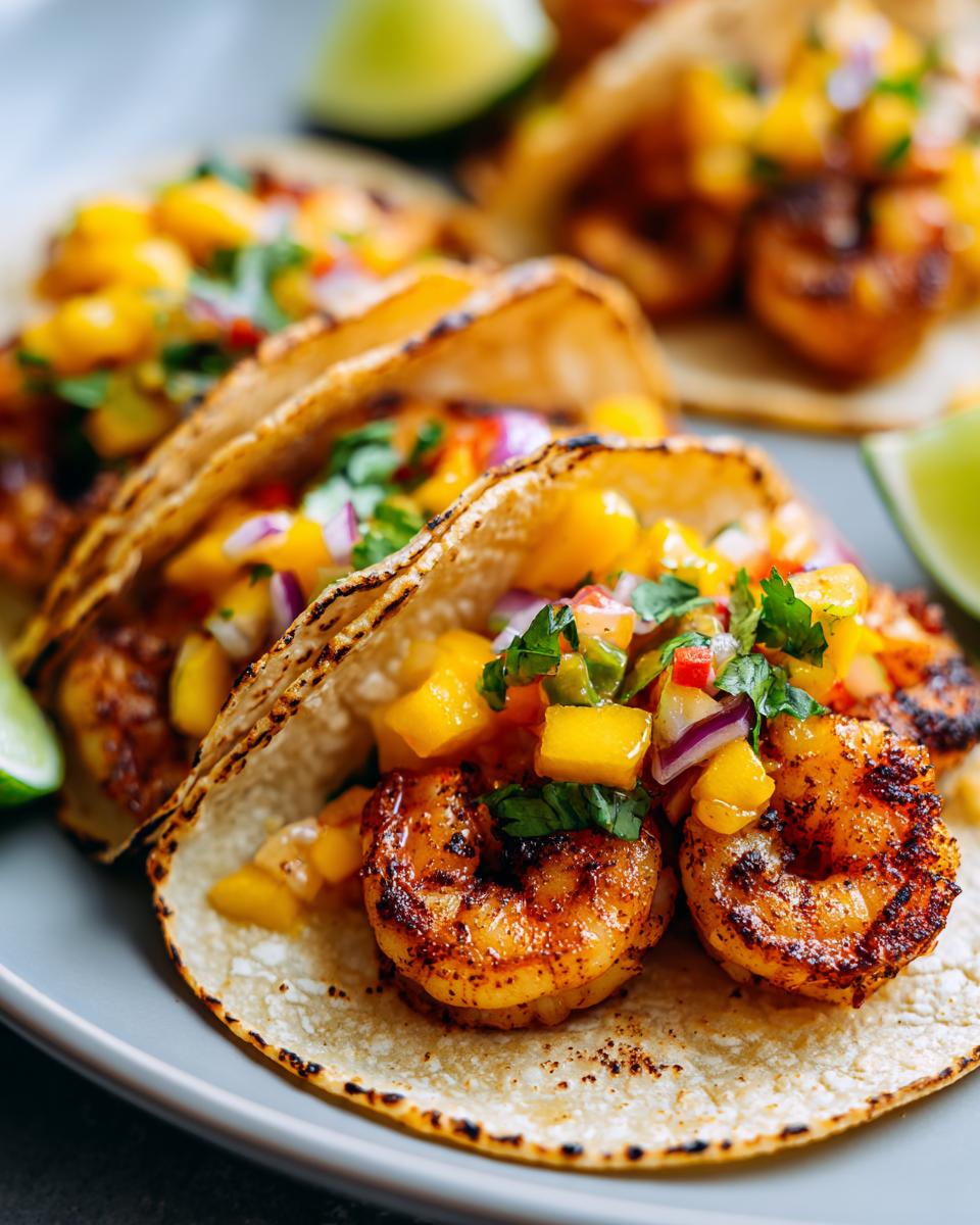 Close-up of delicious shrimp tacos topped with vibrant mango salsa and fresh cilantro, served with lime wedges.