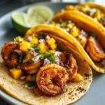 Close-up of delicious shrimp tacos topped with vibrant mango salsa and a lime wedge on the side.