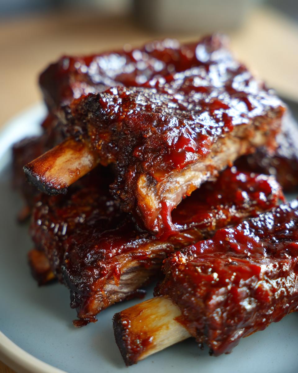 A close-up shot of a stack of tender, glossy slow cooker BBQ ribs coated in rich BBQ sauce.