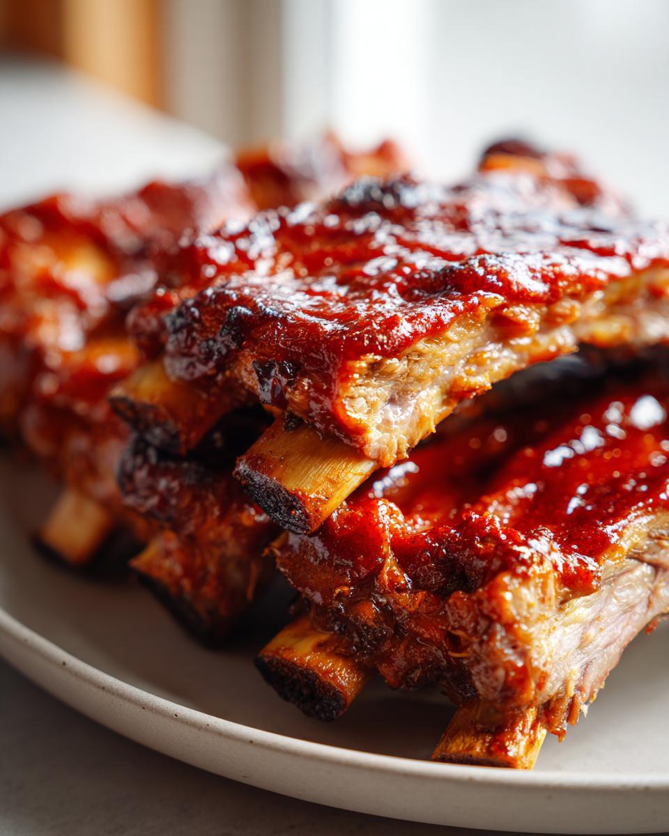 Close-up of tender slow cooker BBQ ribs glazed with a rich, glossy sauce.