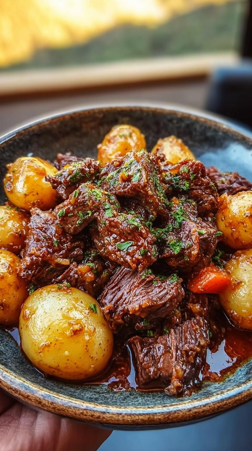 5-Star Slow Cooker Garlic Butter Beef Potatoes 4 A close-up of Slow Cooker Garlic Butter Beef and Potatoes in a bowl, garnished with parsley.