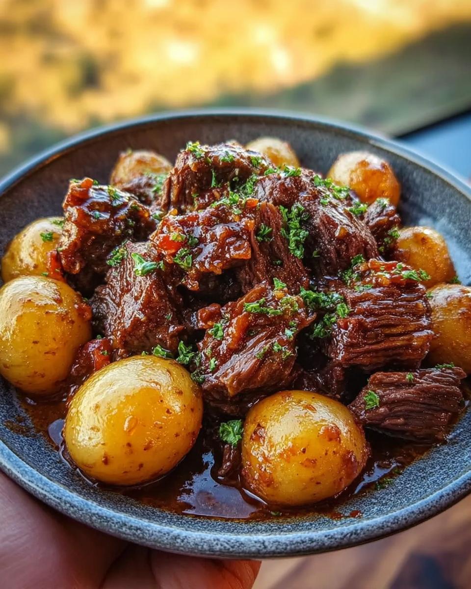 5-Star Slow Cooker Garlic Butter Beef Potatoes 5 A bowl of tender Slow Cooker Garlic Butter Beef and Potatoes, garnished with fresh parsley.