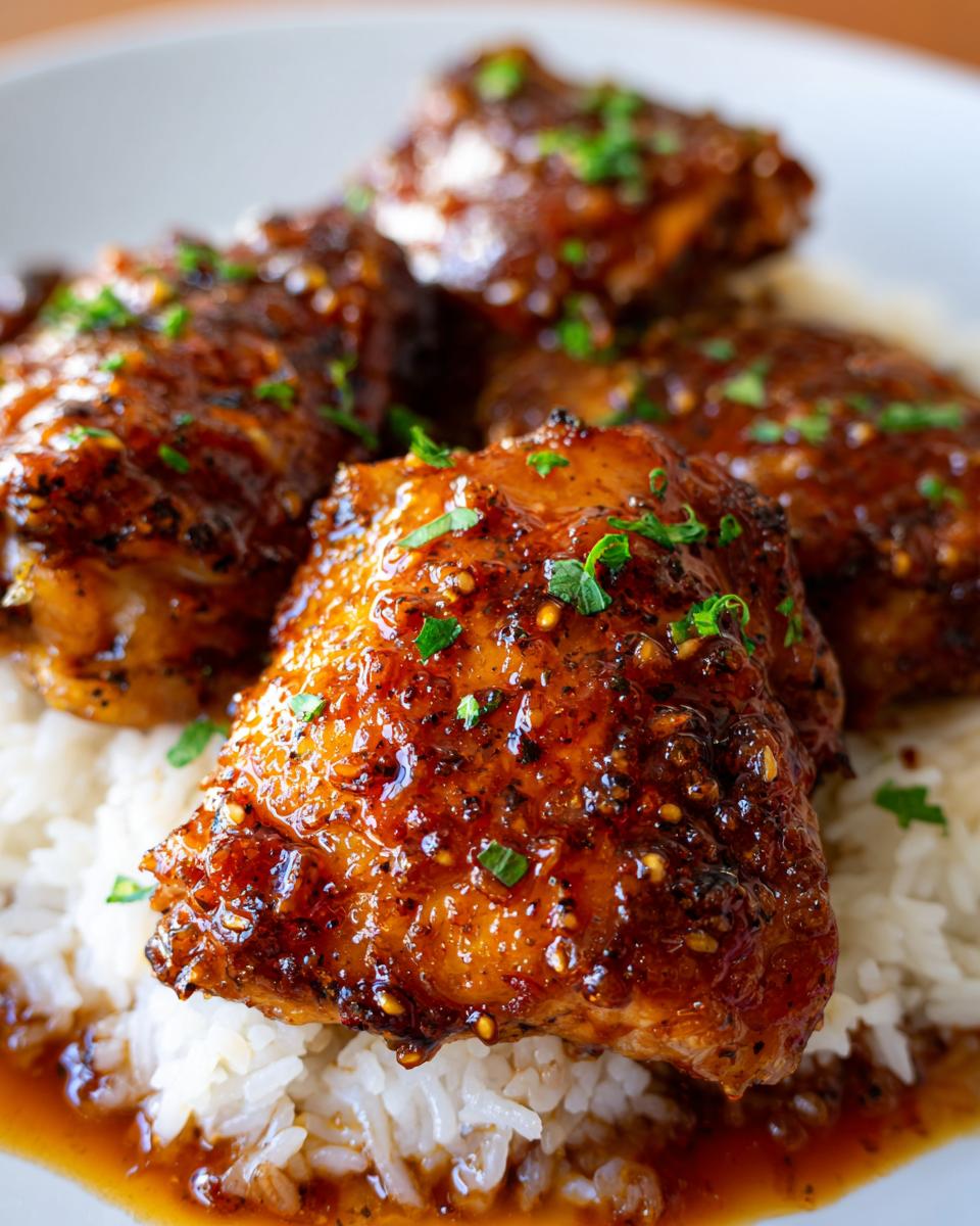 Close-up of tender slow cooker honey garlic chicken pieces served over fluffy white rice, garnished with fresh parsley.