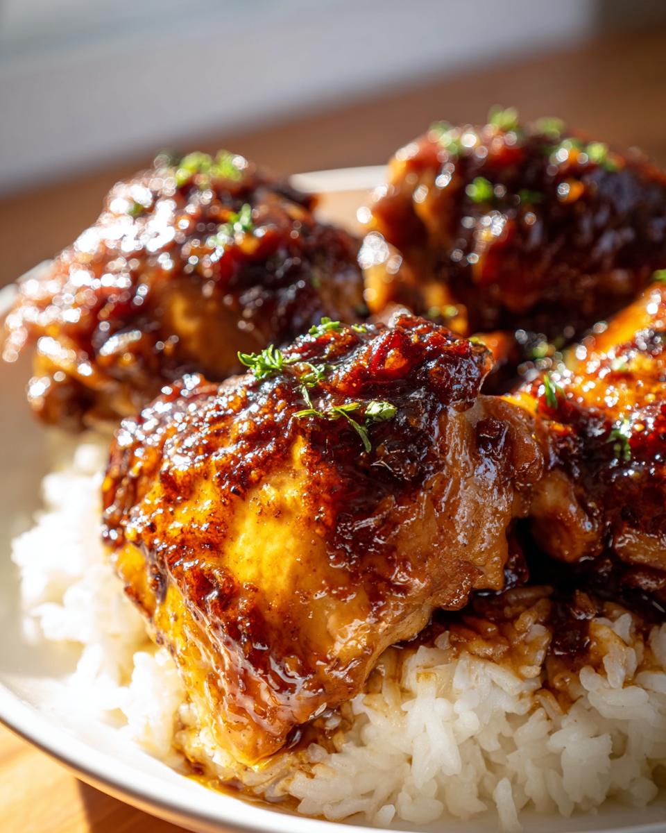 Close-up of succulent slow cooker honey garlic chicken pieces served over fluffy white rice, garnished with herbs.