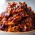 Close-up of a bowl filled with tender, shredded slow cooker pulled chicken coated in rich BBQ sauce and sprinkled with parsley.