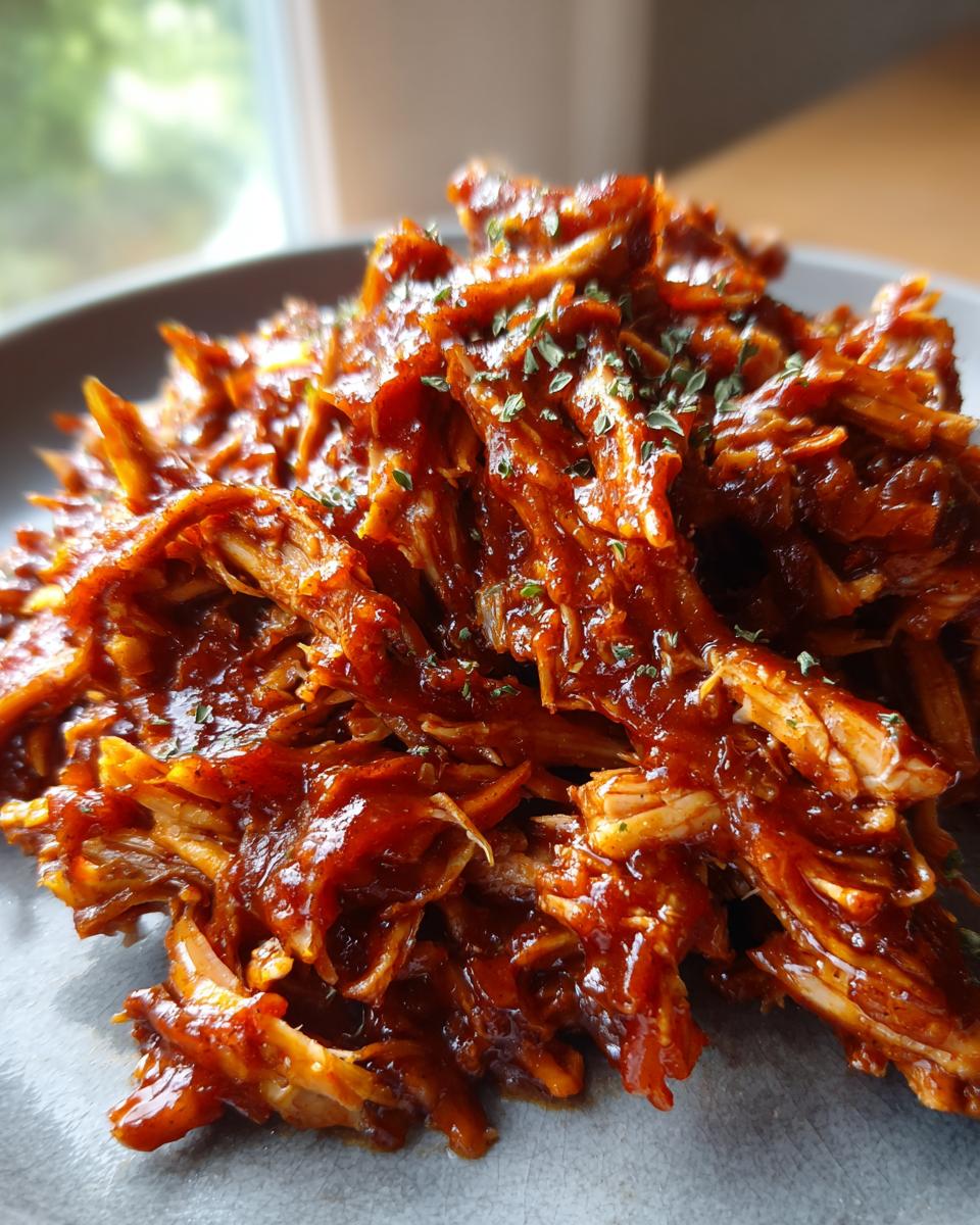 Close-up of a pile of tender slow cooker pulled chicken coated in rich BBQ sauce, garnished with herbs.