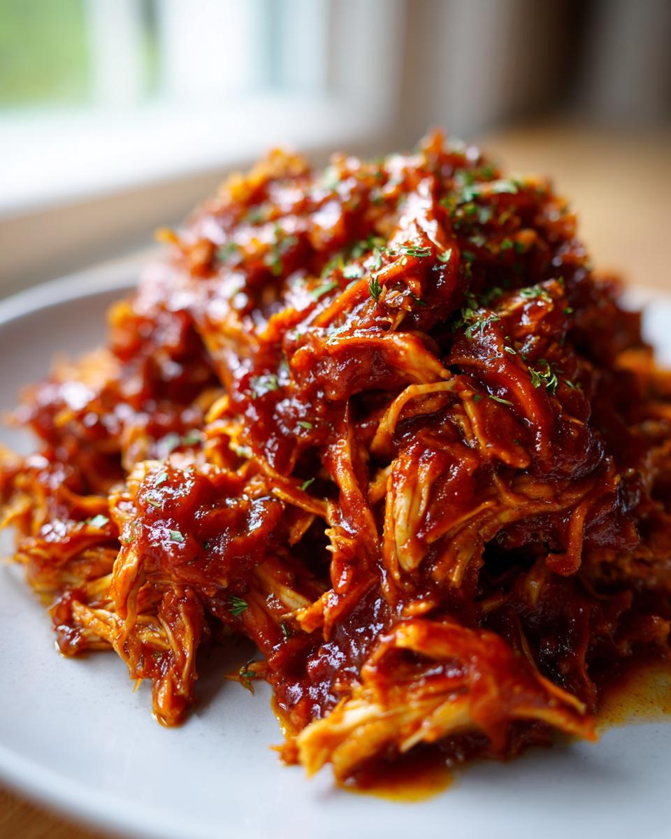 A close-up shot of a pile of tender slow cooker pulled chicken coated in a rich, glossy BBQ sauce and garnished with fresh herbs.