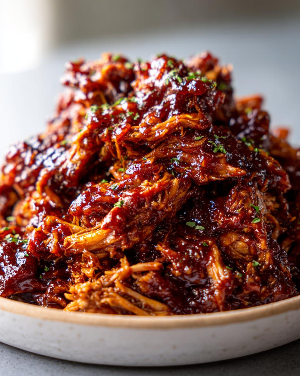 Close-up of a bowl filled with tender slow cooker pulled chicken coated in rich BBQ sauce and sprinkled with parsley.