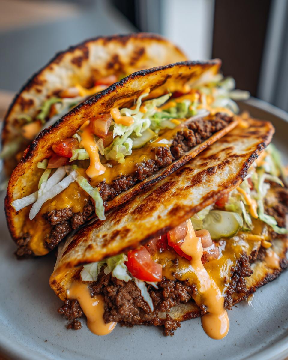 Close-up of three smash burger tacos on a plate, filled with seasoned ground beef, melted cheese, lettuce, tomatoes, and a drizzle of sauce.