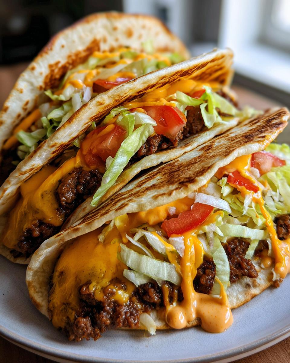 Close-up of two smash burger tacos filled with seasoned ground beef, melted cheese, shredded lettuce, and diced tomatoes.