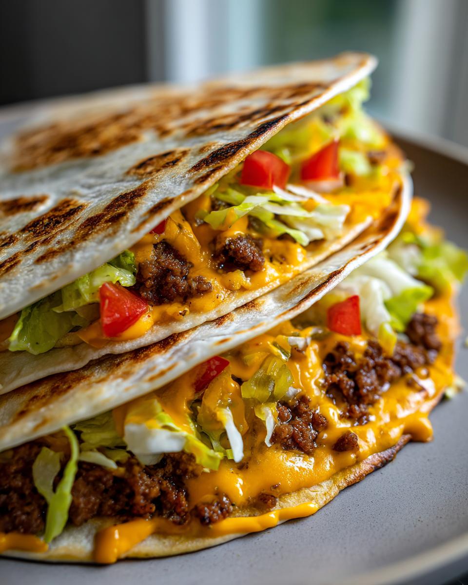 Close-up of stacked smash burger tacos filled with seasoned ground beef, melted cheese, shredded lettuce, and diced tomatoes.