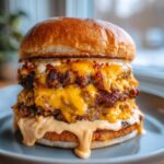 A tall, double patty smash burger with melted cheese and special sauce dripping down the sides.