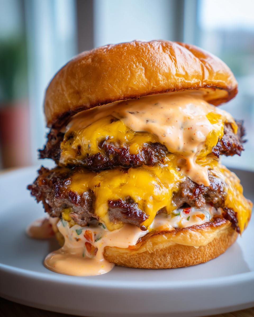A juicy double smash burger with melted cheese and special sauce dripping down the sides.
