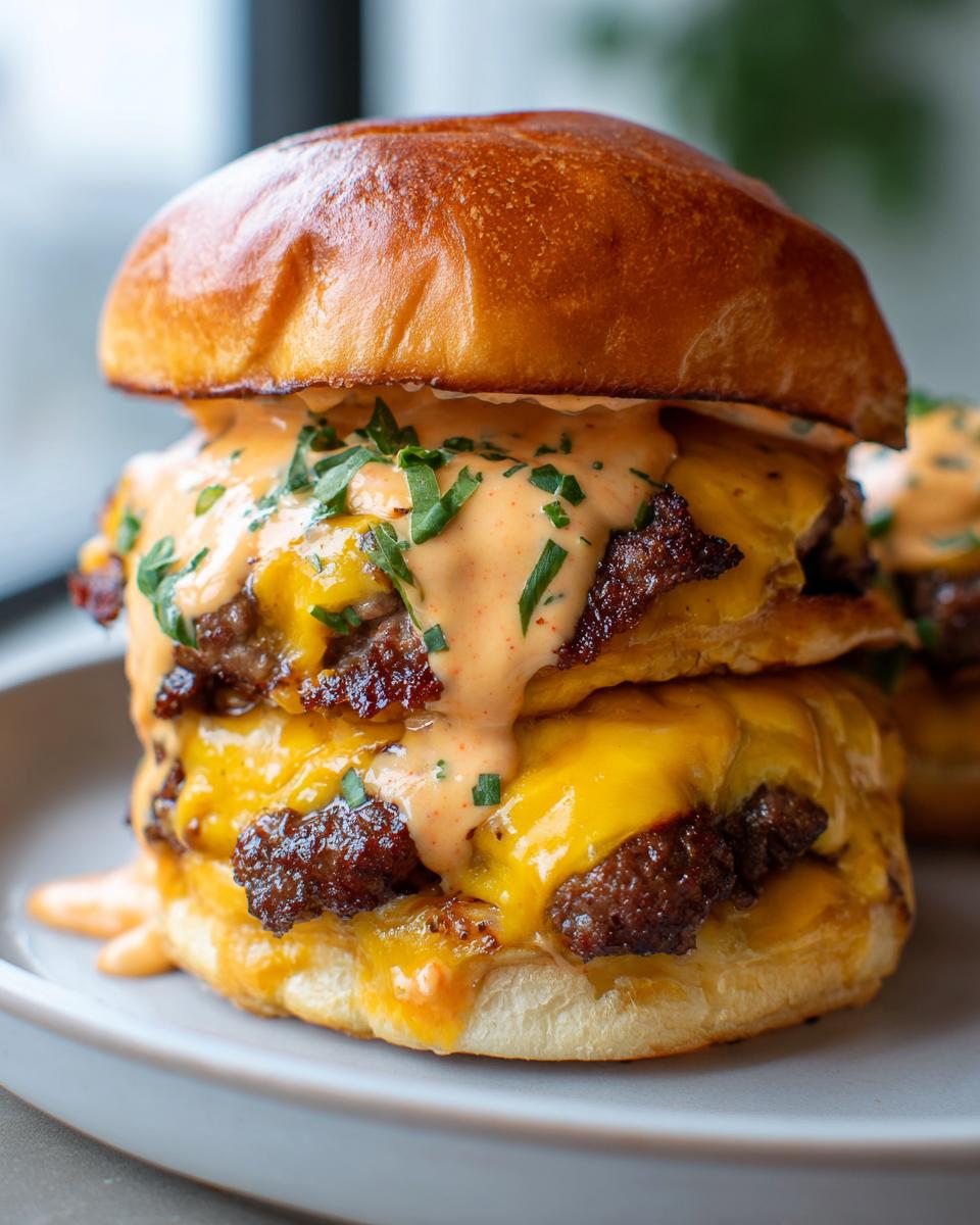 A close-up of a double-patty smash burger with melted cheese and special sauce, topped with chopped parsley.