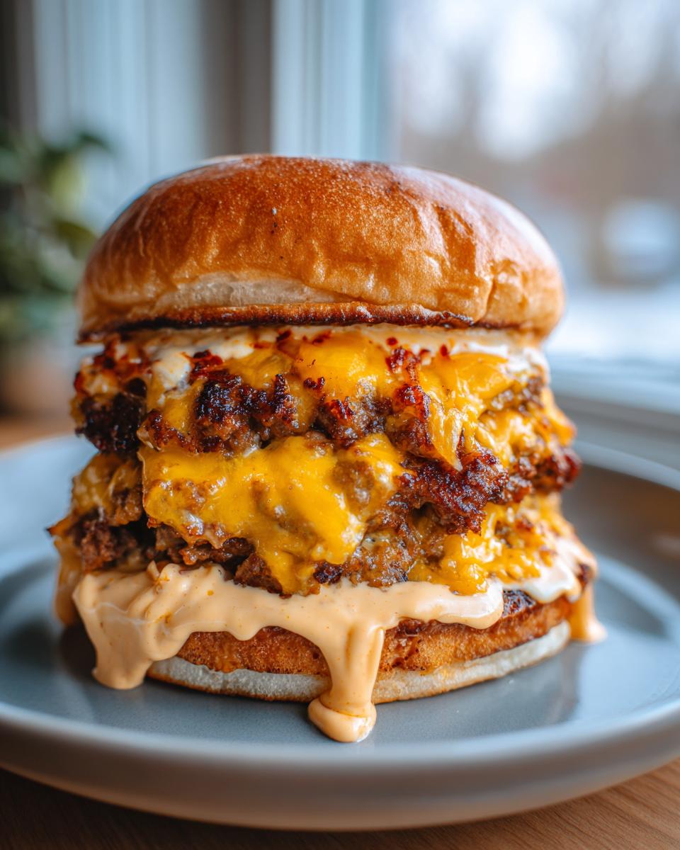 A juicy double smash burger with melted cheese and special sauce dripping down the sides.