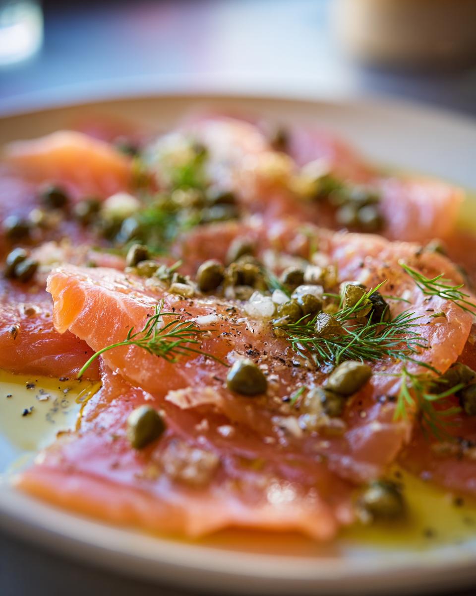 Close-up of thinly sliced smoked salmon carpaccio topped with capers, fresh dill, and cracked black pepper.