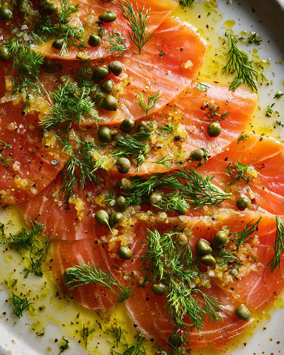 Close-up of thinly sliced smoked salmon carpaccio topped with fresh dill and capers, drizzled with olive oil.