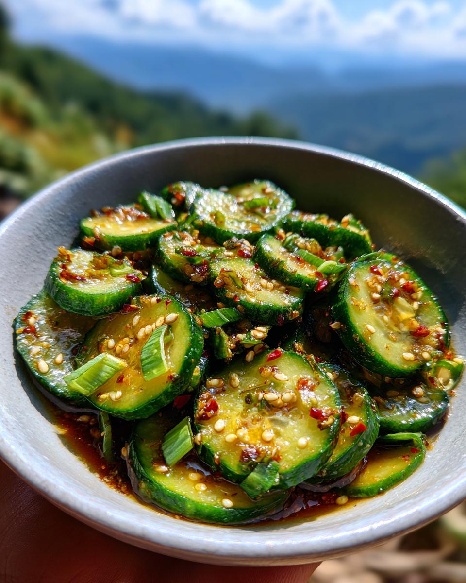 Spicy Asian Cucumber Salad Ready in 10 Minutes: 1 Joyful Fix 4 A close-up of a bowl of Spicy Asian Cucumber Salad, featuring sliced cucumbers coated in a glistening sauce with sesame seeds and chili flakes.