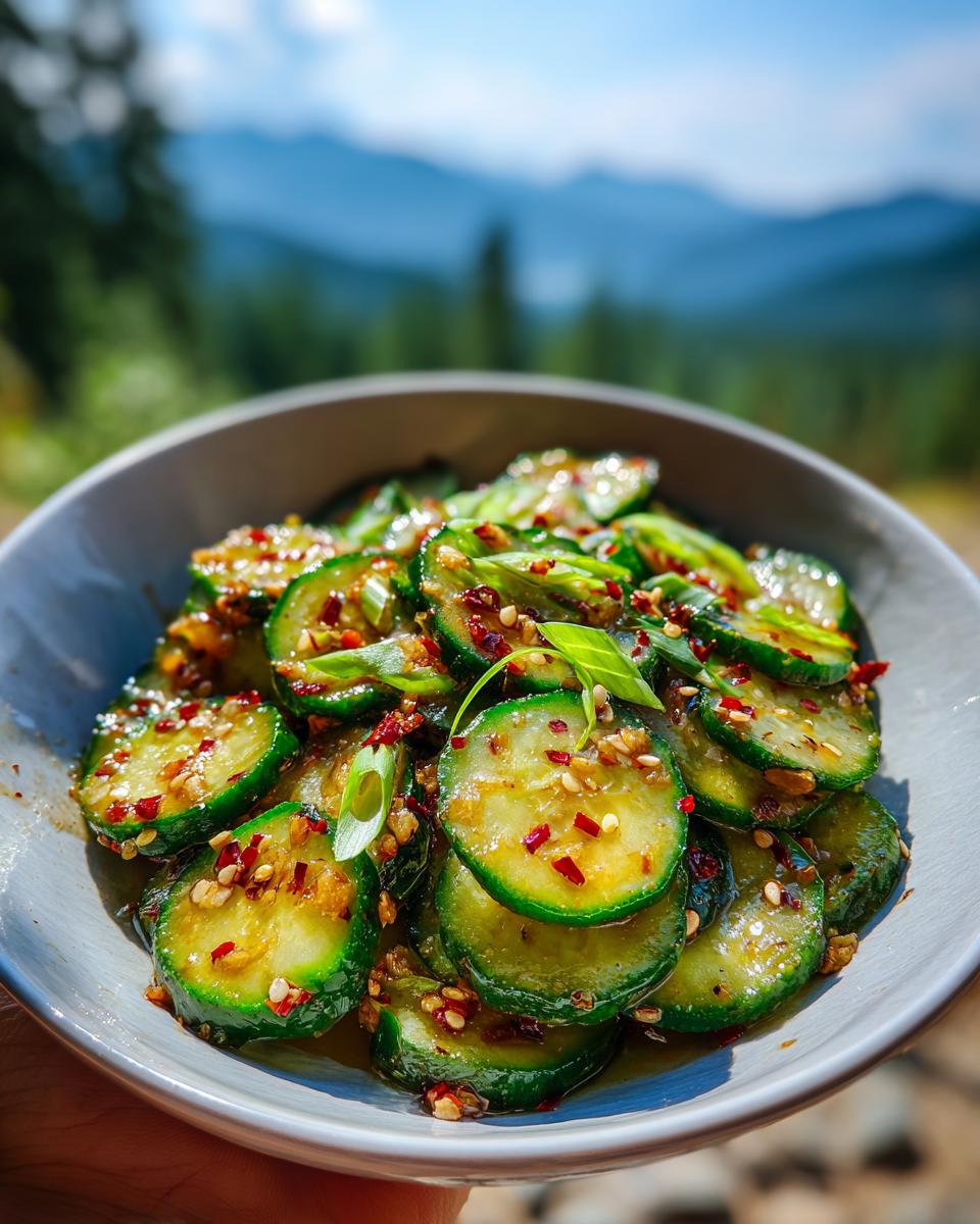 Spicy Asian Cucumber Salad Ready in 10 Minutes: 1 Joyful Fix 5 A close-up of a bowl filled with Spicy Asian Cucumber Salad, featuring thinly sliced cucumbers, chili flakes, and sesame seeds.