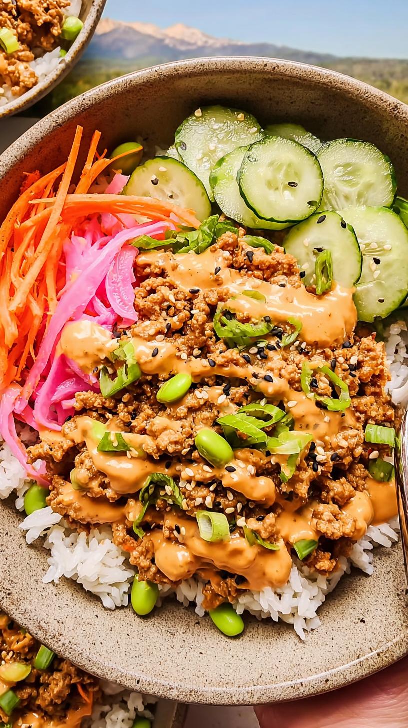 Close-up of a Spicy Bang Bang Ground Turkey Rice Bowl with rice, seasoned turkey, edamame, pickled onions, carrots, and cucumber.