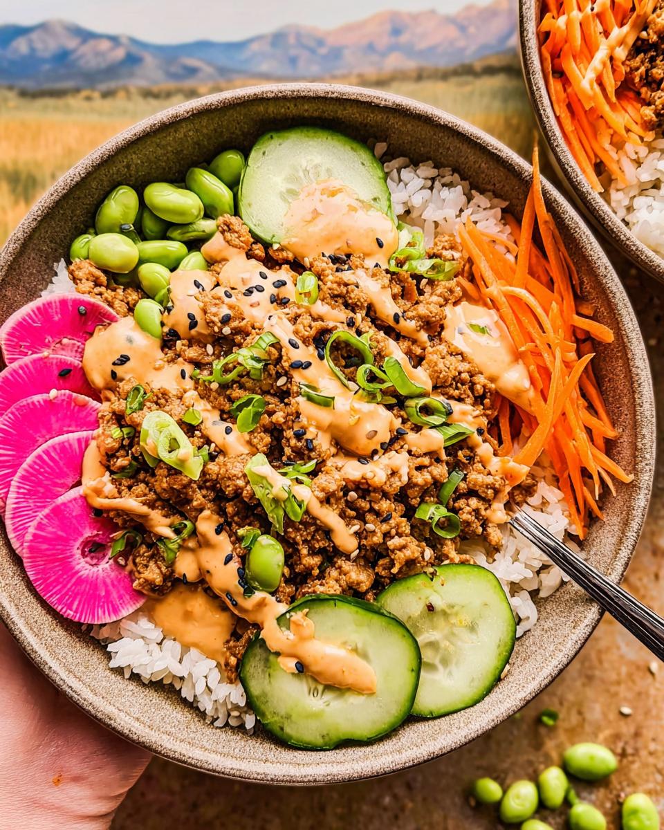 Close-up of a Spicy Bang Bang Ground Turkey Rice Bowl with rice, ground turkey, edamame, cucumber, pickled radish, and spicy sauce.
