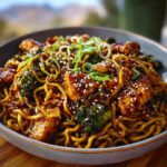 A close-up of a bowl filled with Sticky Garlic Chicken Noodles, featuring tender chicken pieces, vibrant broccoli florets, and sesame seeds.