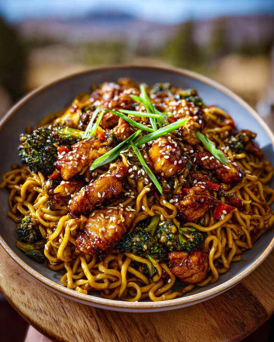 A close-up of a bowl filled with Sticky Garlic Chicken Noodles and tender broccoli florets, topped with sesame seeds and green onions.