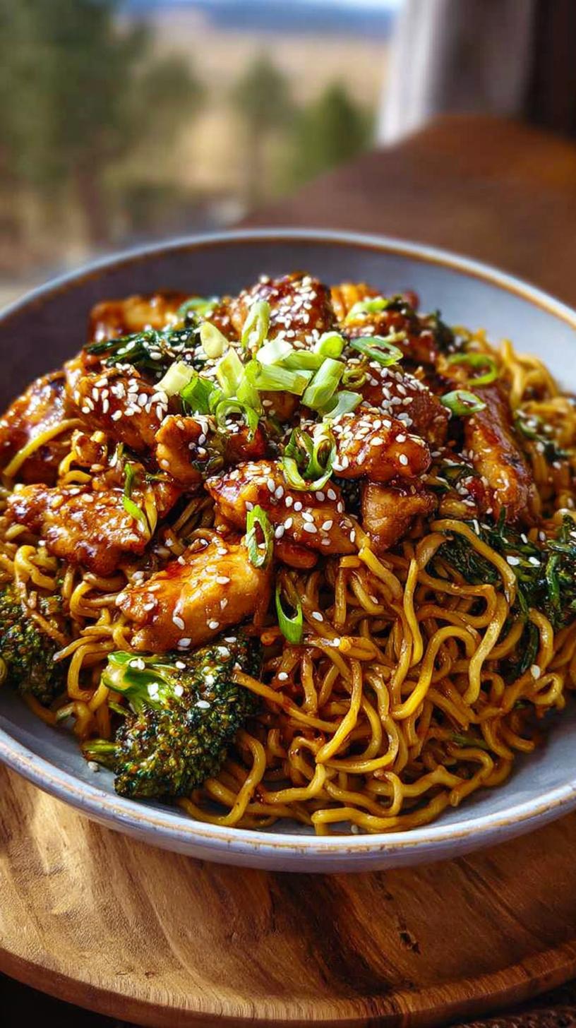 A close-up of Sticky Garlic Chicken Noodles with tender chicken pieces, broccoli florets, and sesame seeds.