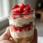 A hand holding a strawberry cheesecake jar layered with graham cracker crust, cheesecake filling, and fresh strawberries.