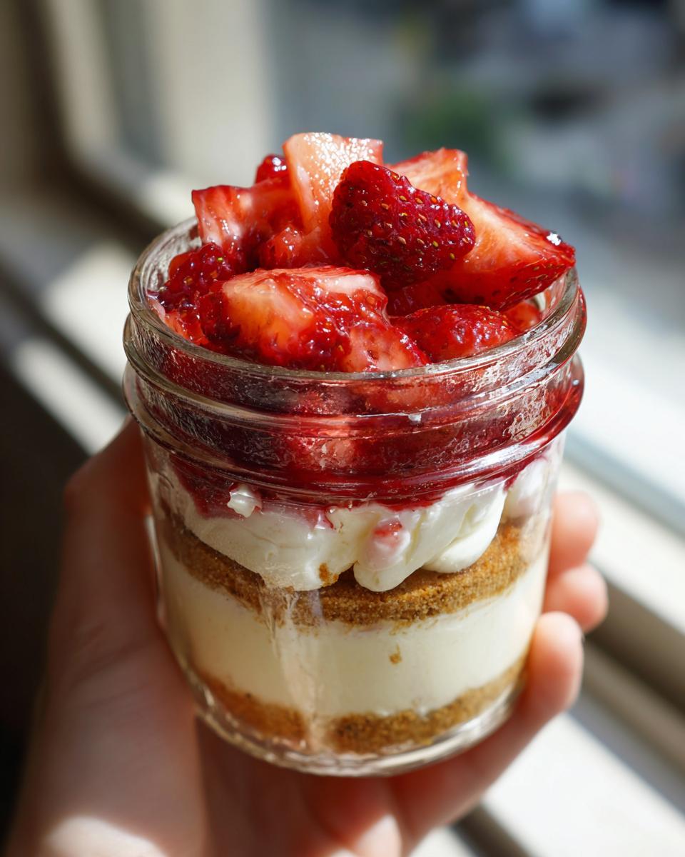 A hand holds a glass jar filled with layers of strawberry cheesecake, graham cracker crust, and fresh strawberries.